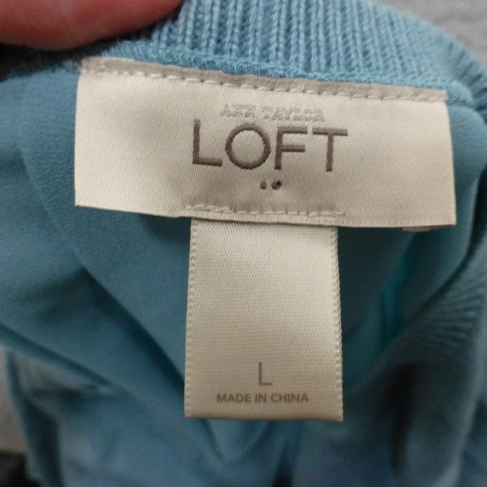 LOFT Sweater Top Womens Large Light Blue Mixed Media V-Neck High Low Back Pleat